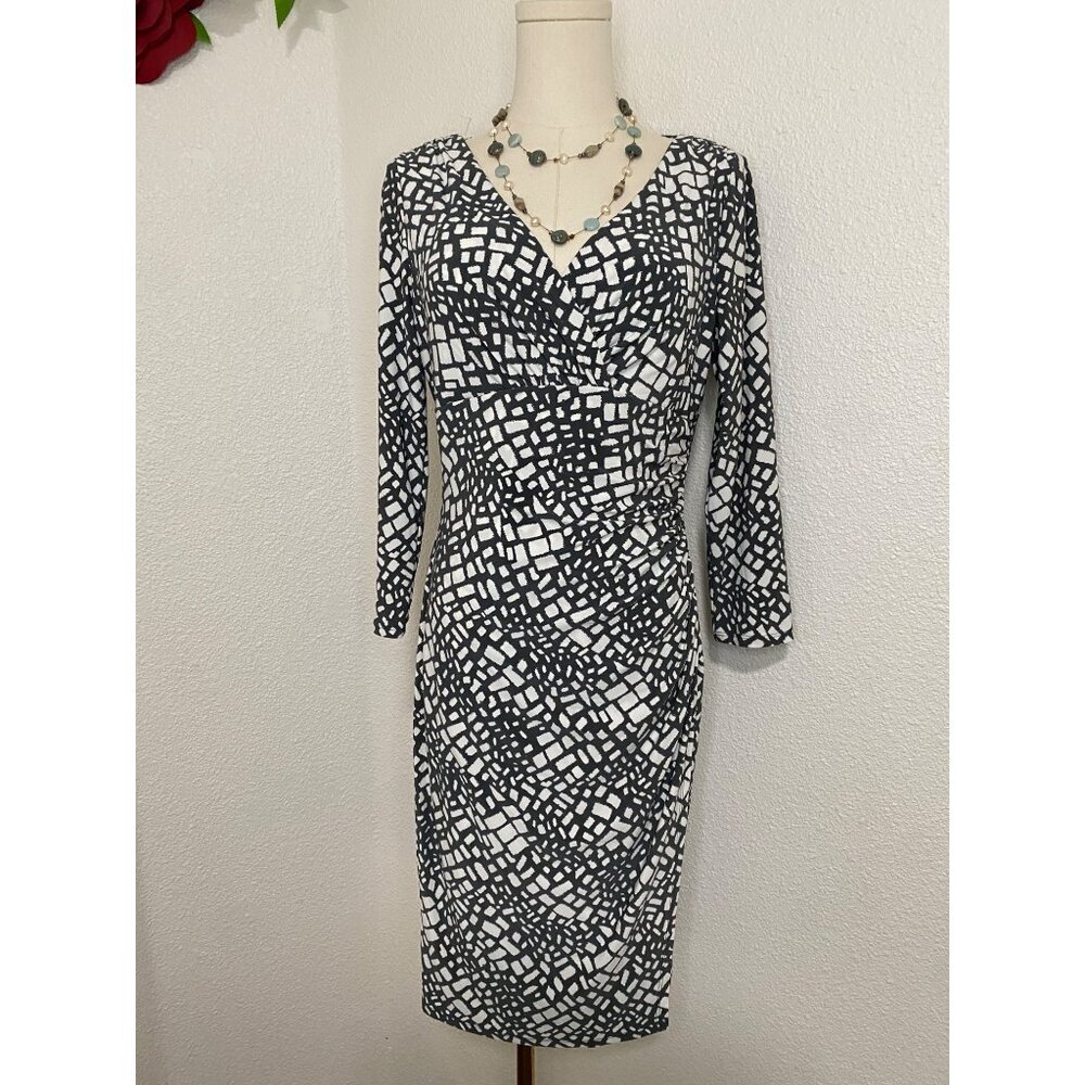 Lauren Ralph Gray White Geometric Print Dress 3/4 Sleeve sz 6 Carrer Office NWT